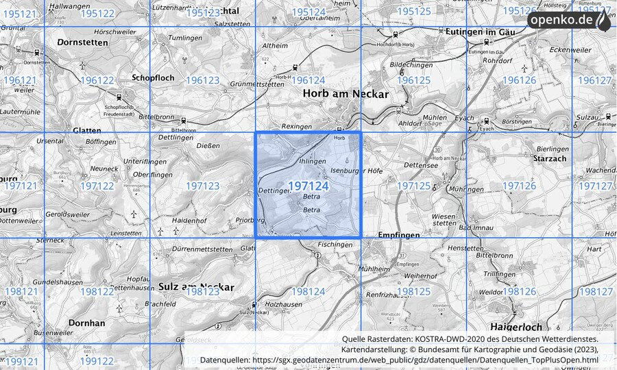 Übersichtskarte des KOSTRA-DWD-2020-Rasterfeldes Nr. 197124