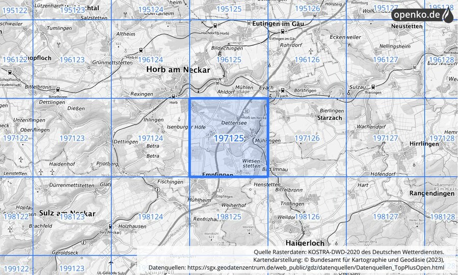 Übersichtskarte des KOSTRA-DWD-2020-Rasterfeldes Nr. 197125
