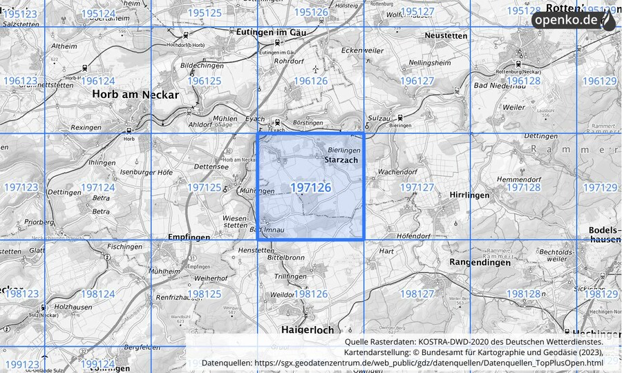 Übersichtskarte des KOSTRA-DWD-2020-Rasterfeldes Nr. 197126