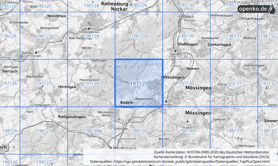 Übersichtskarte des KOSTRA-DWD-2020-Rasterfeldes Nr. 197129