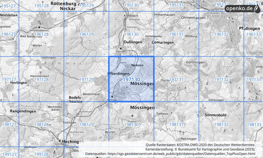 Übersichtskarte des KOSTRA-DWD-2020-Rasterfeldes Nr. 197130