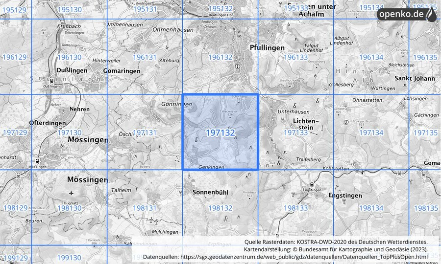 Übersichtskarte des KOSTRA-DWD-2020-Rasterfeldes Nr. 197132