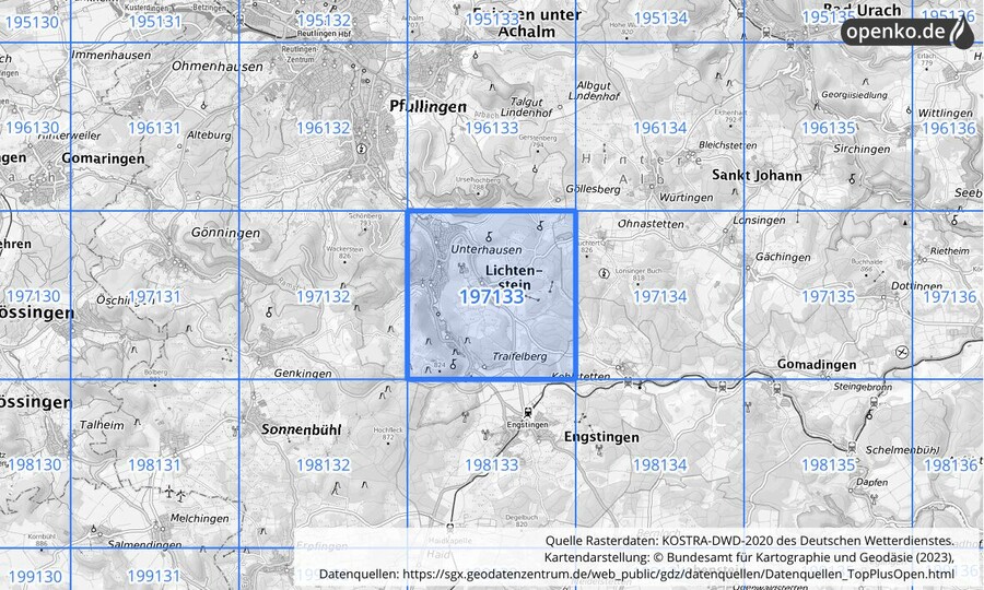 Übersichtskarte des KOSTRA-DWD-2020-Rasterfeldes Nr. 197133