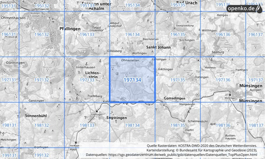 Übersichtskarte des KOSTRA-DWD-2020-Rasterfeldes Nr. 197134