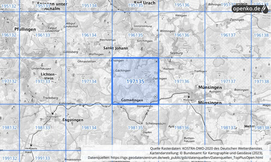 Übersichtskarte des KOSTRA-DWD-2020-Rasterfeldes Nr. 197135