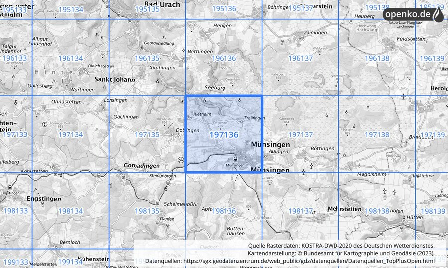 Übersichtskarte des KOSTRA-DWD-2020-Rasterfeldes Nr. 197136