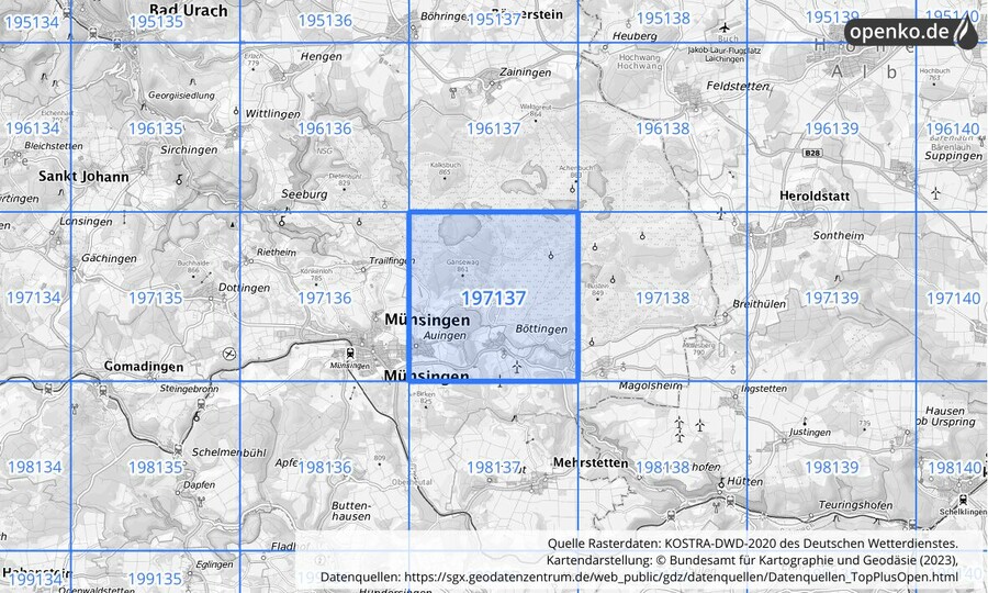 Übersichtskarte des KOSTRA-DWD-2020-Rasterfeldes Nr. 197137