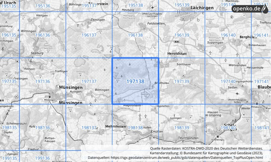 Übersichtskarte des KOSTRA-DWD-2020-Rasterfeldes Nr. 197138