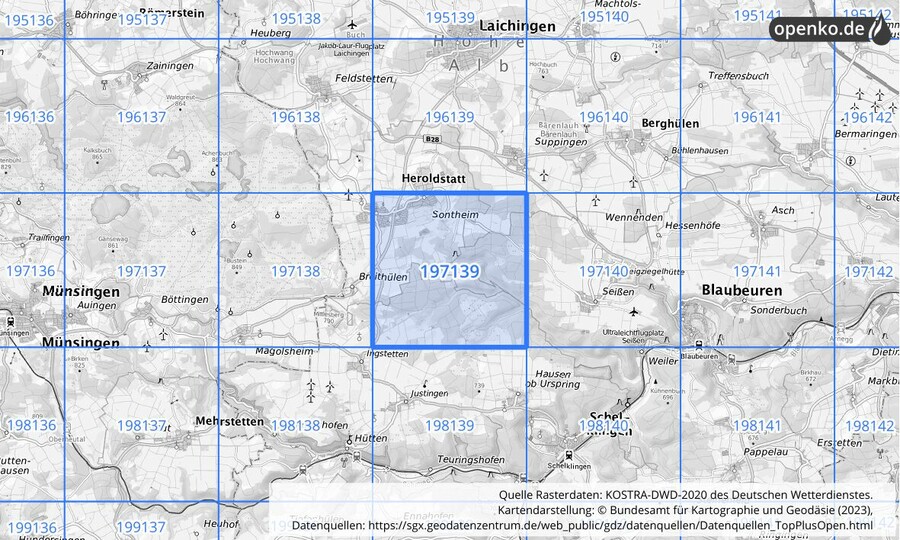 Übersichtskarte des KOSTRA-DWD-2020-Rasterfeldes Nr. 197139