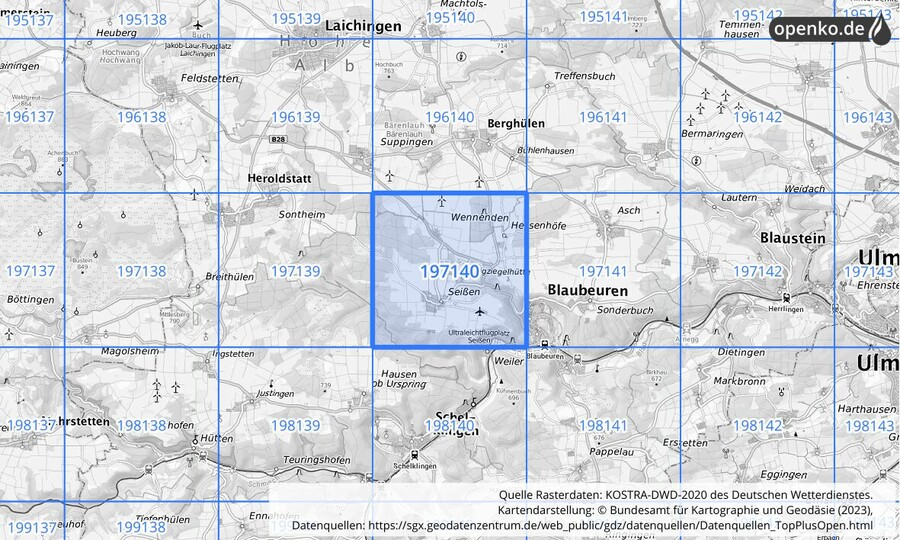 Übersichtskarte des KOSTRA-DWD-2020-Rasterfeldes Nr. 197140