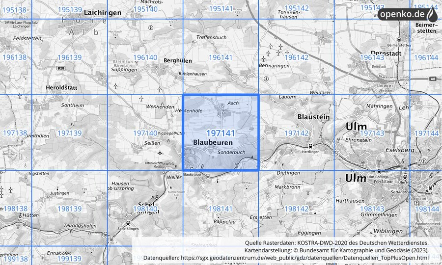 Übersichtskarte des KOSTRA-DWD-2020-Rasterfeldes Nr. 197141