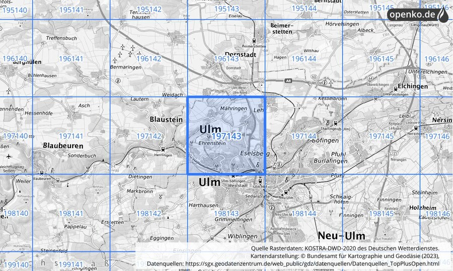 Übersichtskarte des KOSTRA-DWD-2020-Rasterfeldes Nr. 197143