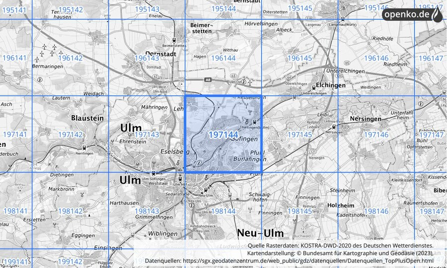 Übersichtskarte des KOSTRA-DWD-2020-Rasterfeldes Nr. 197144