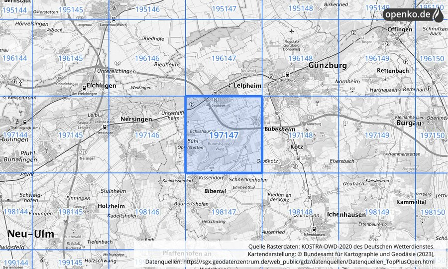 Übersichtskarte des KOSTRA-DWD-2020-Rasterfeldes Nr. 197147