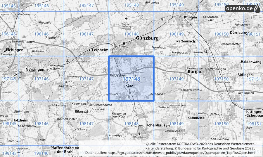 Übersichtskarte des KOSTRA-DWD-2020-Rasterfeldes Nr. 197148