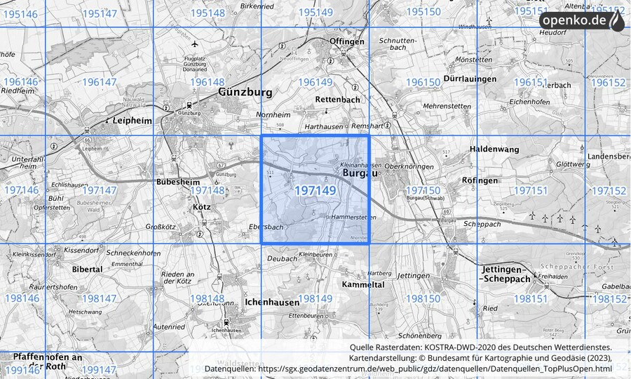 Übersichtskarte des KOSTRA-DWD-2020-Rasterfeldes Nr. 197149