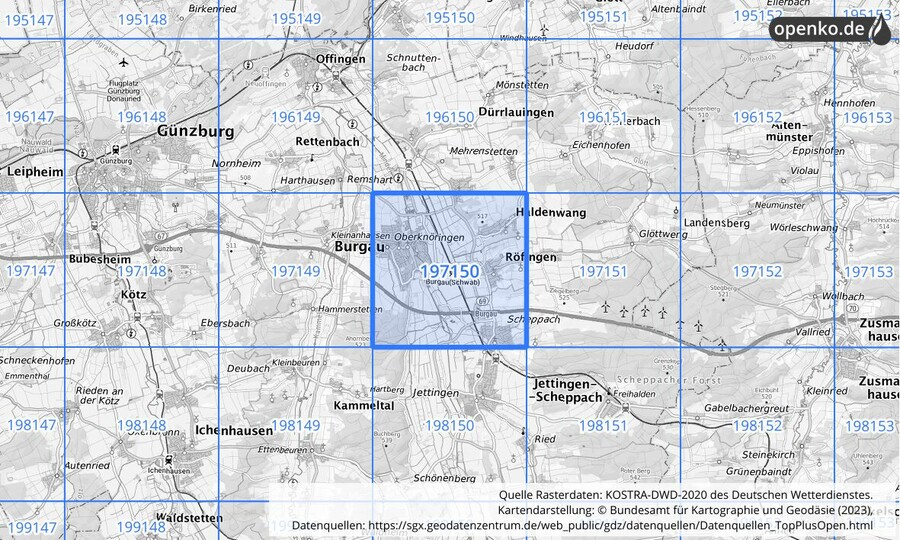 Übersichtskarte des KOSTRA-DWD-2020-Rasterfeldes Nr. 197150