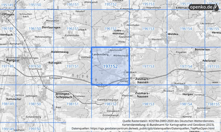 Übersichtskarte des KOSTRA-DWD-2020-Rasterfeldes Nr. 197152
