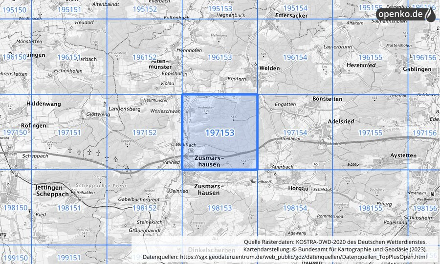 Übersichtskarte des KOSTRA-DWD-2020-Rasterfeldes Nr. 197153