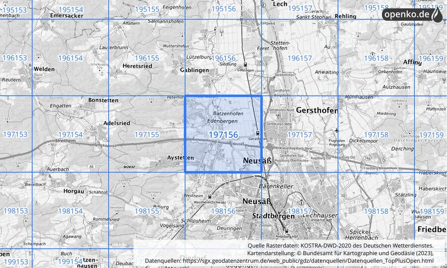 Übersichtskarte des KOSTRA-DWD-2020-Rasterfeldes Nr. 197156