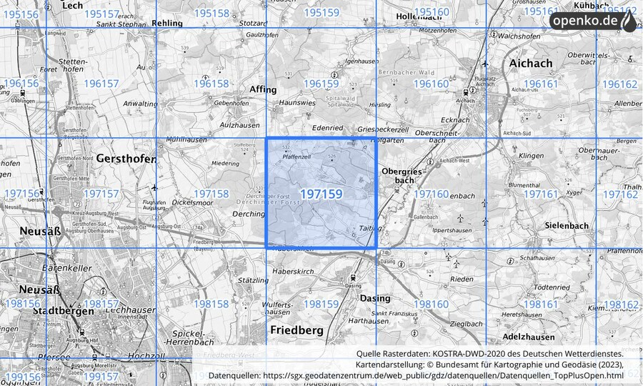 Übersichtskarte des KOSTRA-DWD-2020-Rasterfeldes Nr. 197159