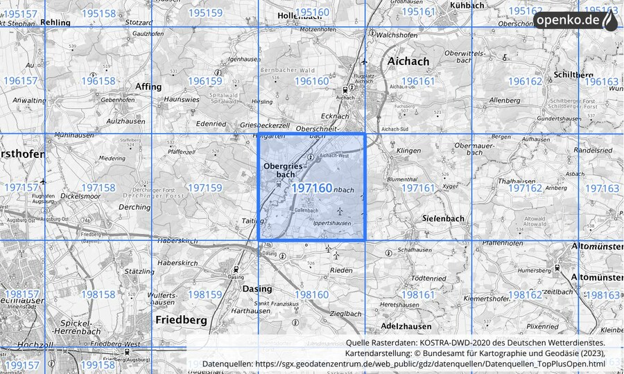Übersichtskarte des KOSTRA-DWD-2020-Rasterfeldes Nr. 197160
