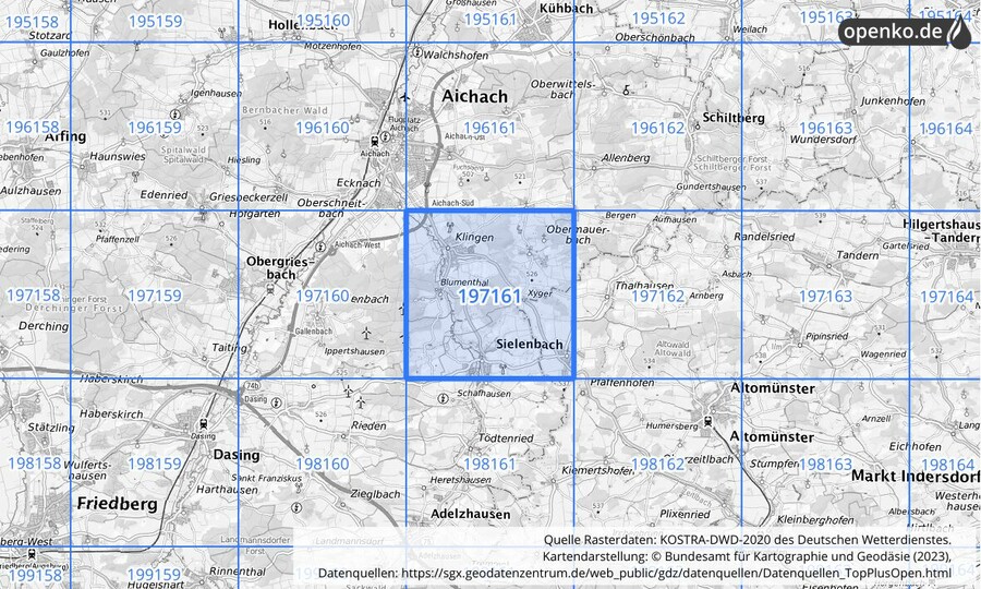 Übersichtskarte des KOSTRA-DWD-2020-Rasterfeldes Nr. 197161