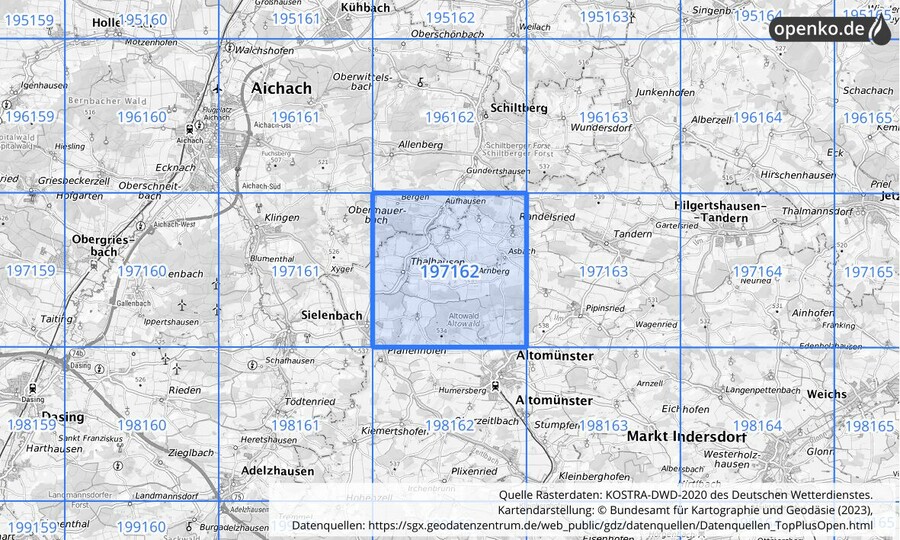 Übersichtskarte des KOSTRA-DWD-2020-Rasterfeldes Nr. 197162