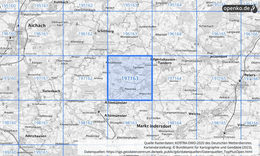 Übersichtskarte des KOSTRA-DWD-2020-Rasterfeldes Nr. 197163