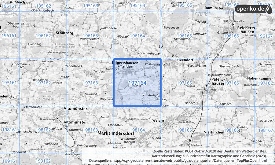 Übersichtskarte des KOSTRA-DWD-2020-Rasterfeldes Nr. 197164
