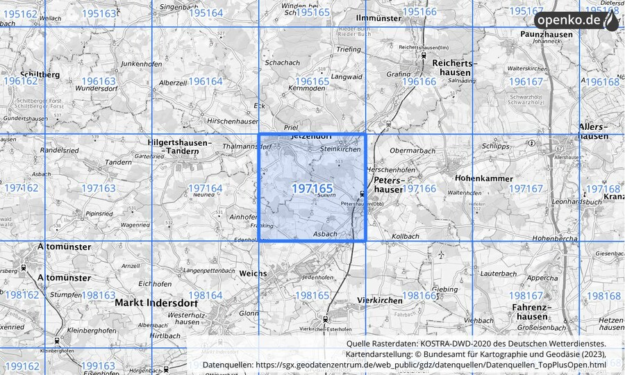 Übersichtskarte des KOSTRA-DWD-2020-Rasterfeldes Nr. 197165