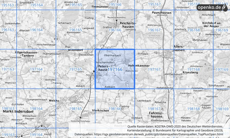 Übersichtskarte des KOSTRA-DWD-2020-Rasterfeldes Nr. 197166