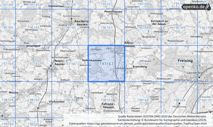 Übersichtskarte des KOSTRA-DWD-2020-Rasterfeldes Nr. 197167