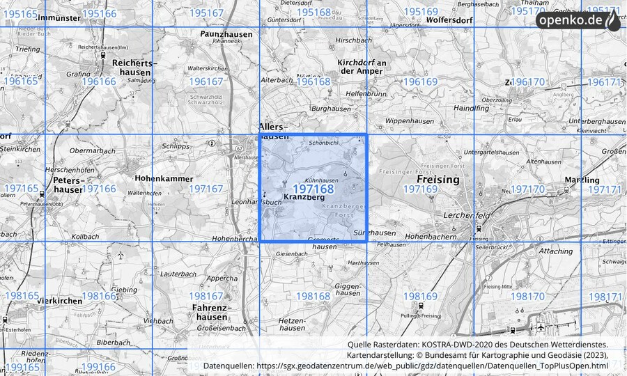 Übersichtskarte des KOSTRA-DWD-2020-Rasterfeldes Nr. 197168