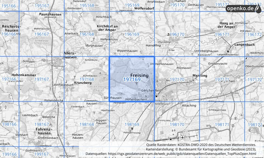 Übersichtskarte des KOSTRA-DWD-2020-Rasterfeldes Nr. 197169