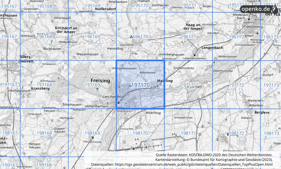 Übersichtskarte des KOSTRA-DWD-2020-Rasterfeldes Nr. 197170