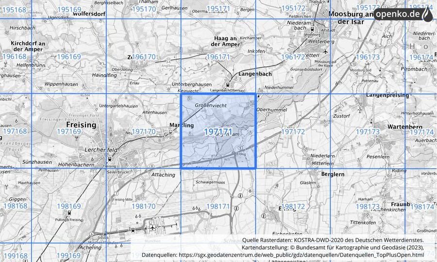 Übersichtskarte des KOSTRA-DWD-2020-Rasterfeldes Nr. 197171
