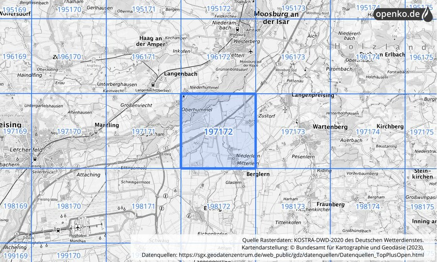 Übersichtskarte des KOSTRA-DWD-2020-Rasterfeldes Nr. 197172