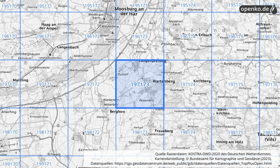 Übersichtskarte des KOSTRA-DWD-2020-Rasterfeldes Nr. 197173
