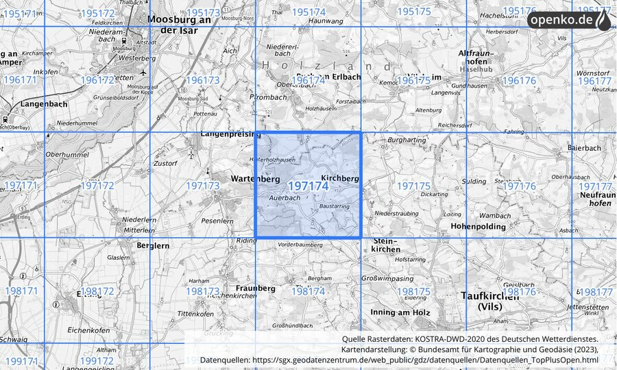 Übersichtskarte des KOSTRA-DWD-2020-Rasterfeldes Nr. 197174