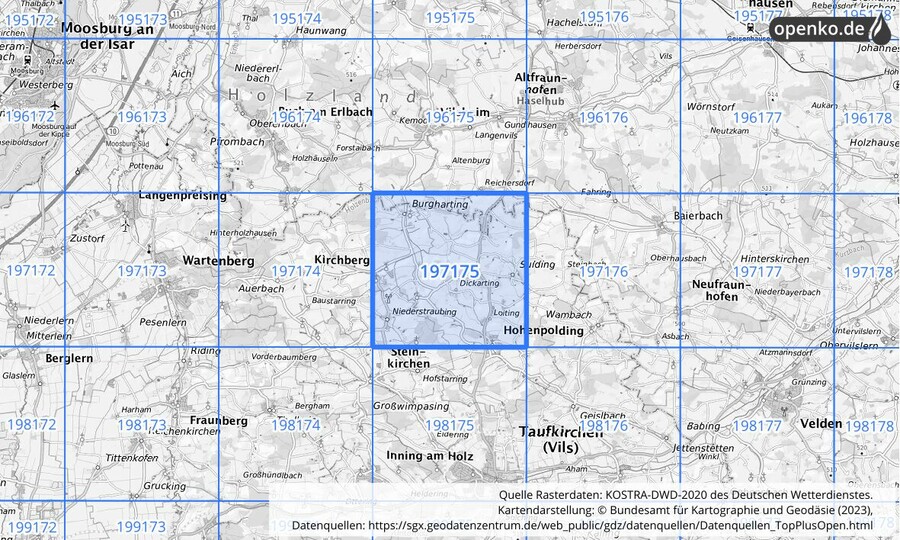 Übersichtskarte des KOSTRA-DWD-2020-Rasterfeldes Nr. 197175