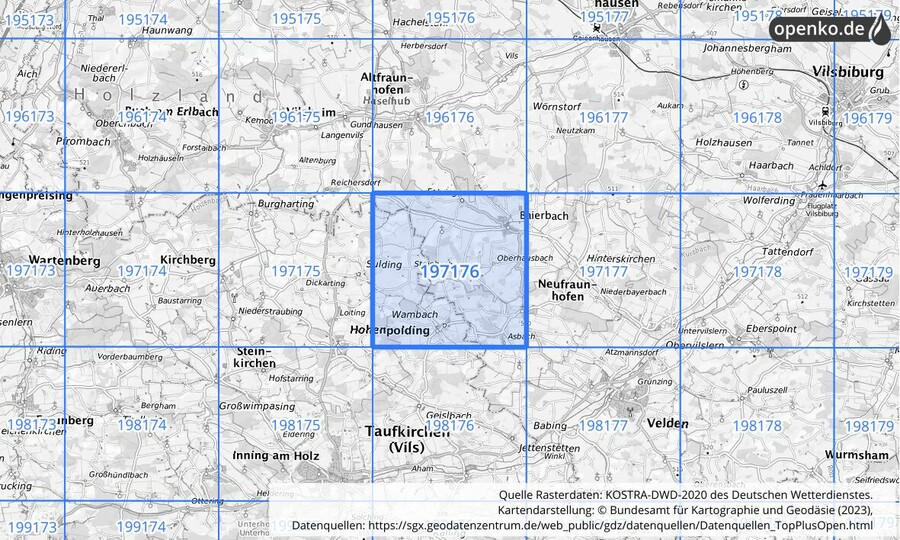 Übersichtskarte des KOSTRA-DWD-2020-Rasterfeldes Nr. 197176