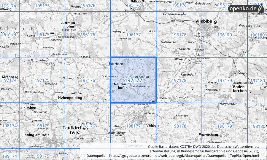 Übersichtskarte des KOSTRA-DWD-2020-Rasterfeldes Nr. 197177
