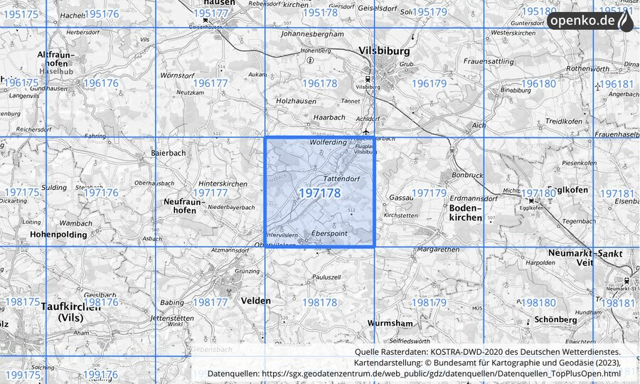 Übersichtskarte des KOSTRA-DWD-2020-Rasterfeldes Nr. 197178