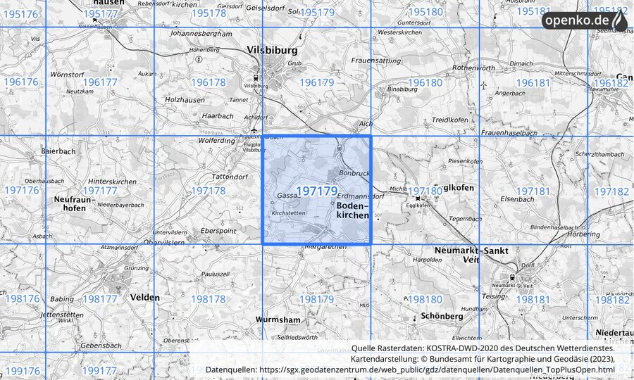 Übersichtskarte des KOSTRA-DWD-2020-Rasterfeldes Nr. 197179