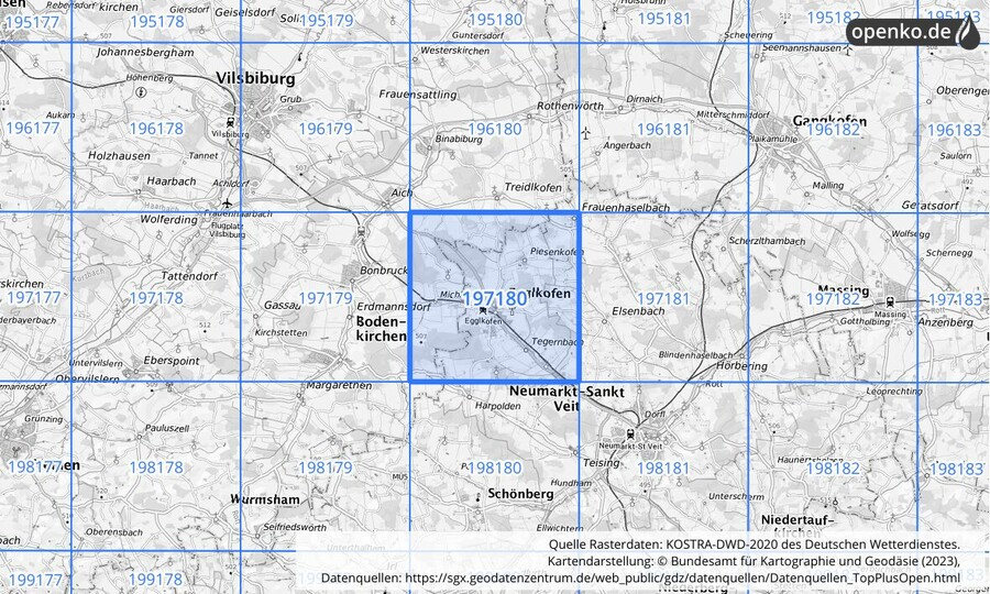 Übersichtskarte des KOSTRA-DWD-2020-Rasterfeldes Nr. 197180