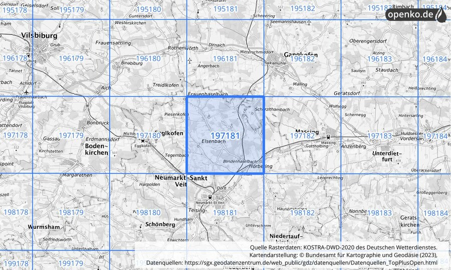 Übersichtskarte des KOSTRA-DWD-2020-Rasterfeldes Nr. 197181