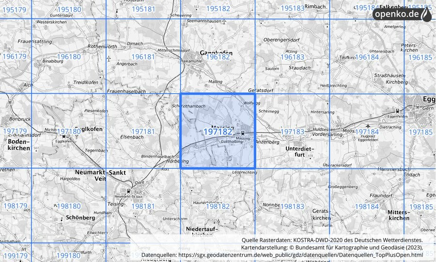 Übersichtskarte des KOSTRA-DWD-2020-Rasterfeldes Nr. 197182