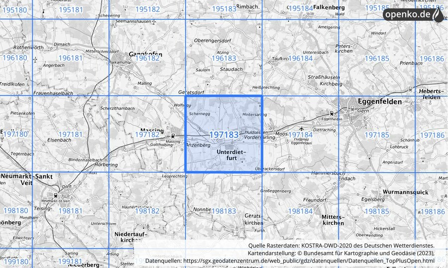 Übersichtskarte des KOSTRA-DWD-2020-Rasterfeldes Nr. 197183