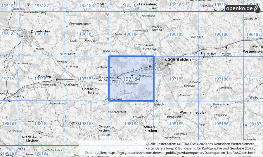 Übersichtskarte des KOSTRA-DWD-2020-Rasterfeldes Nr. 197184